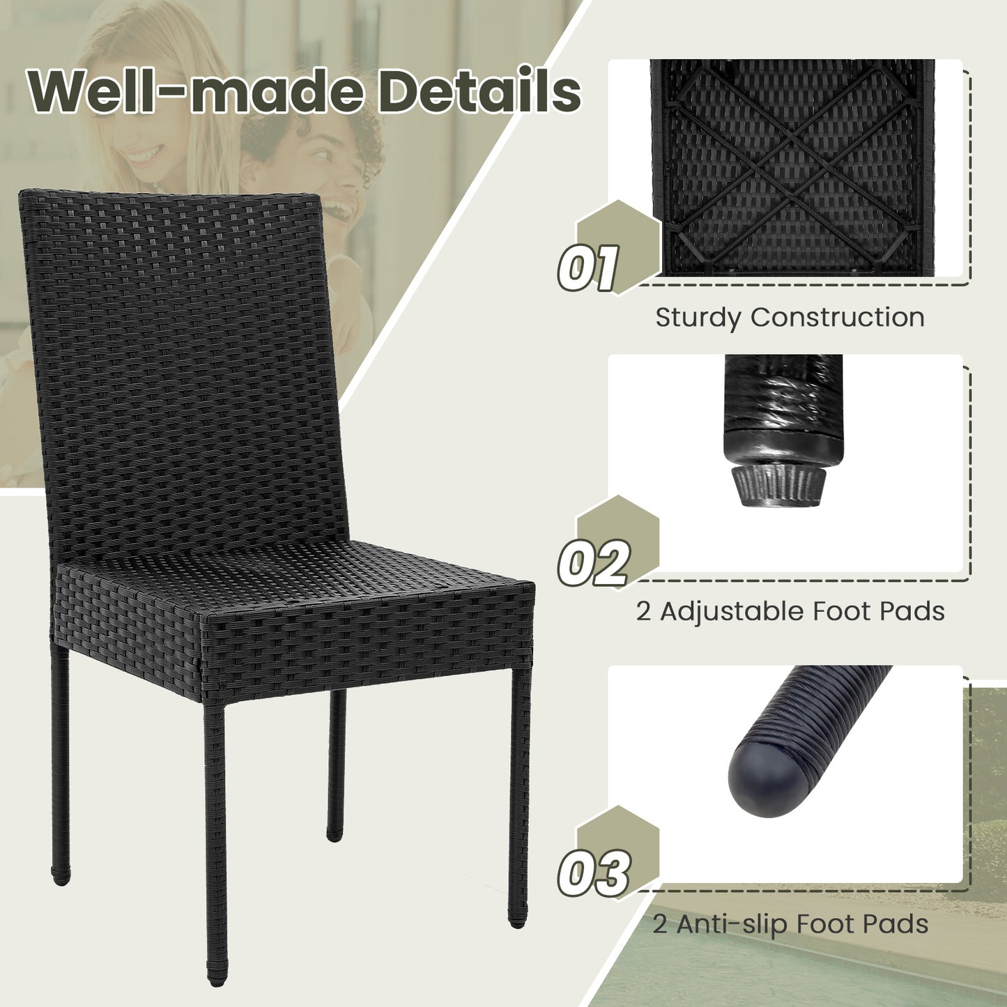 PE Wicker Patio Chairs Set of 2/4 with Cushions for Porch Deck Garden and Backyard-2 Pieces