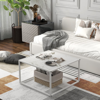 Modern Glass Square Coffee Table with Metal Frame for Living Room-Black