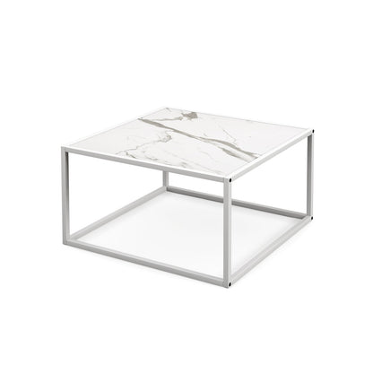 Modern Glass Square Coffee Table with Metal Frame for Living Room-Black