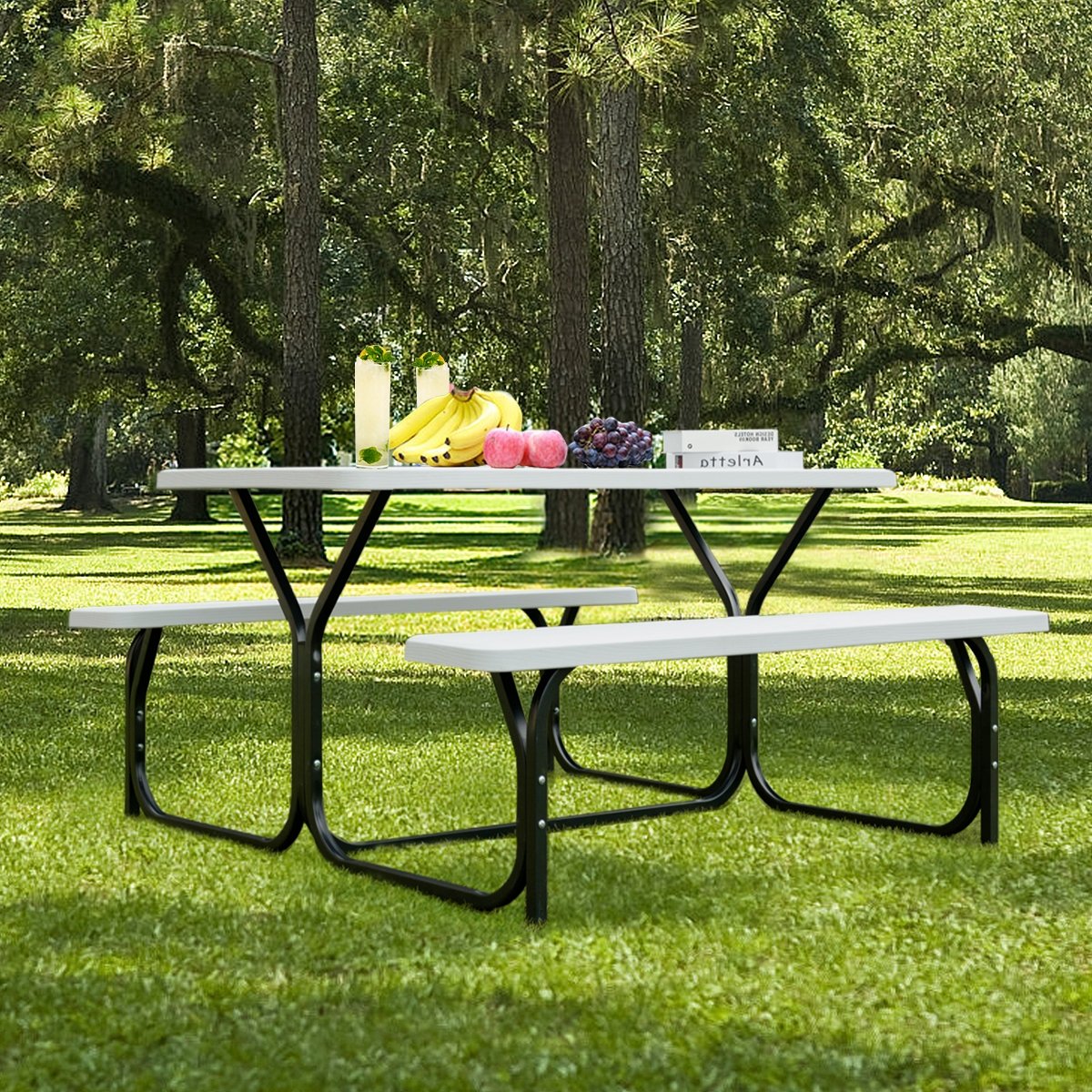 HDPE Outdoor Picnic Table Bench Set with Metal Base-Black