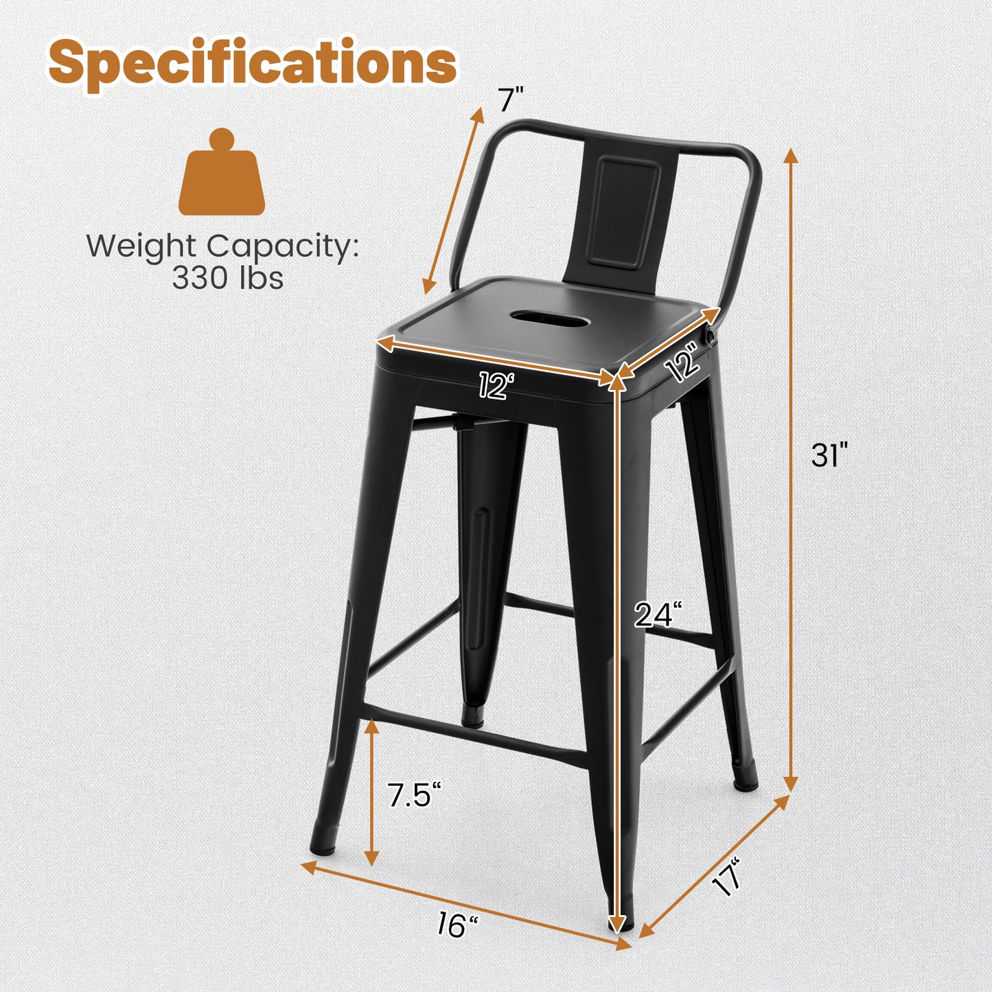 24 Inch Set of 4 Cafe Side Chairs with Rubber Feet and Removable Back-Black