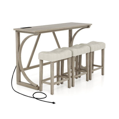 4-Piece Bar Table Set with Power Outlet and Upholstered Saddle Seat Stools-Grey and Beige