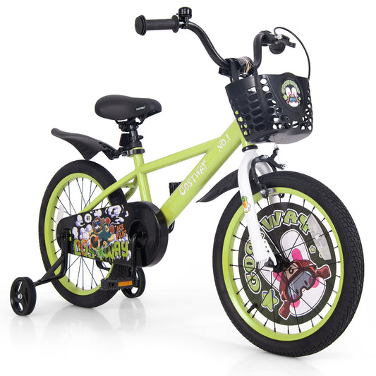 18-inch kids bike with adjustable frame and detachable training wheels, suitable for children aged 4 to 8 years old.