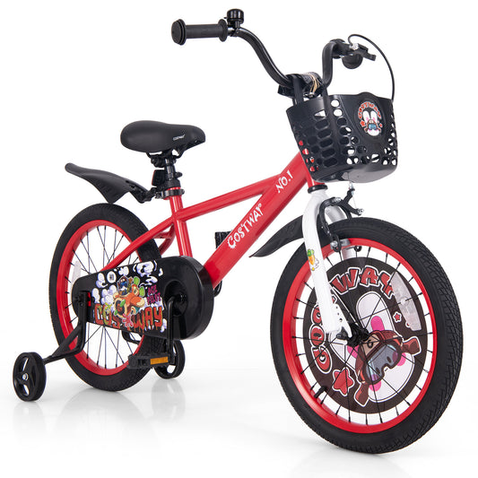 18-inch kids bike with adjustable seat, storage basket, and double brakes, suitable for children aged 4 to 8 years old.