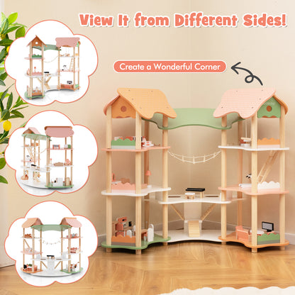 3-Tier Wooden Dollhouse for Kids Aged 3-8 Years Old with 32 Pieces of Accessories-Multicolor