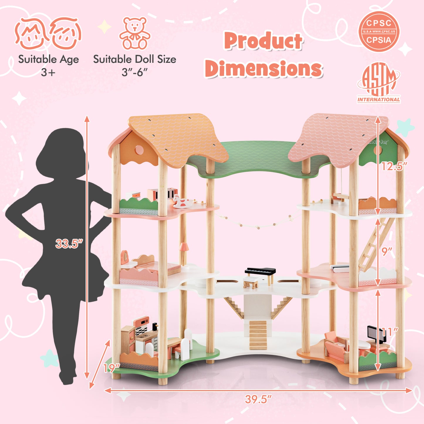 3-Tier Wooden Dollhouse for Kids Aged 3-8 Years Old with 32 Pieces of Accessories-Multicolor