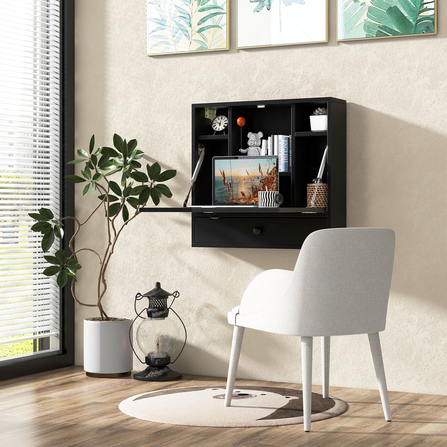 Wall-Mount Floating Desk Foldable Space Saving Laptop Workstation-Black