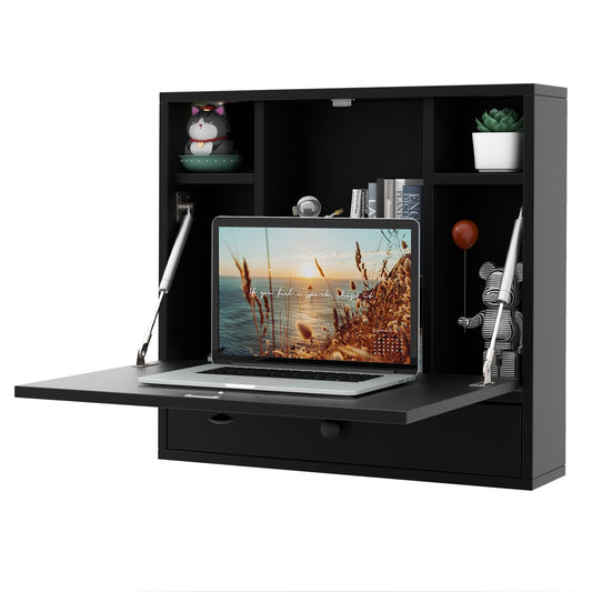 Wall-Mount Floating Desk Foldable Space Saving Laptop Workstation-Black