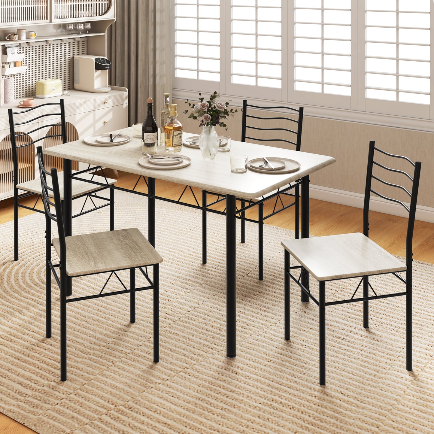 5 Pieces Wood Metal Dining Table Set with 4 Chairs-Natural