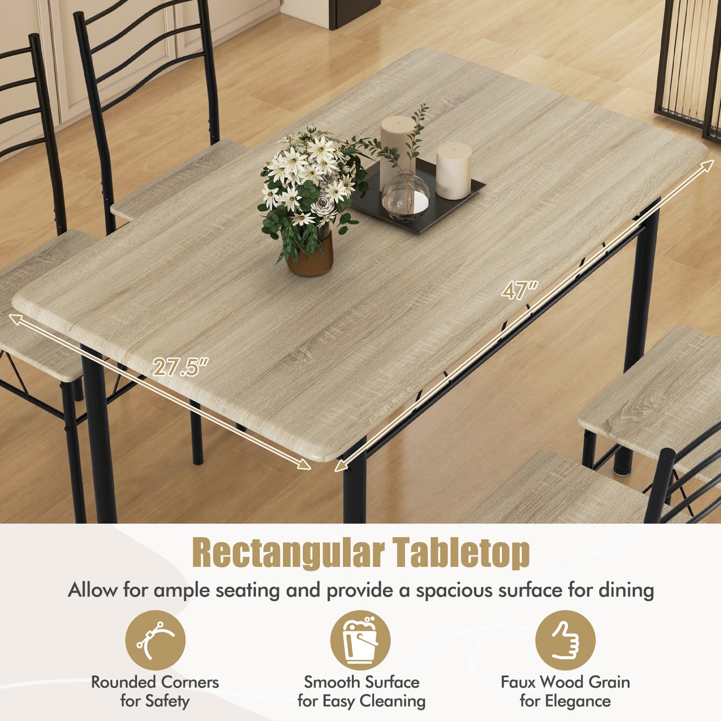 5 Pieces Wood Metal Dining Table Set with 4 Chairs-Natural