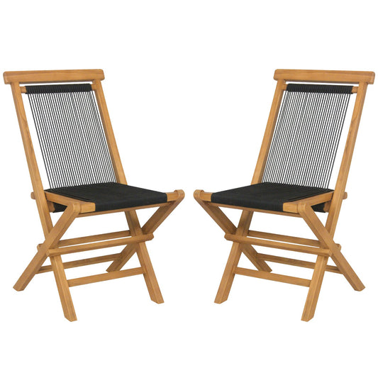 2 Piece Indonesia Teak Patio Folding Chairs with Woven Rope Seat and Back for Porch Backyard Poolside