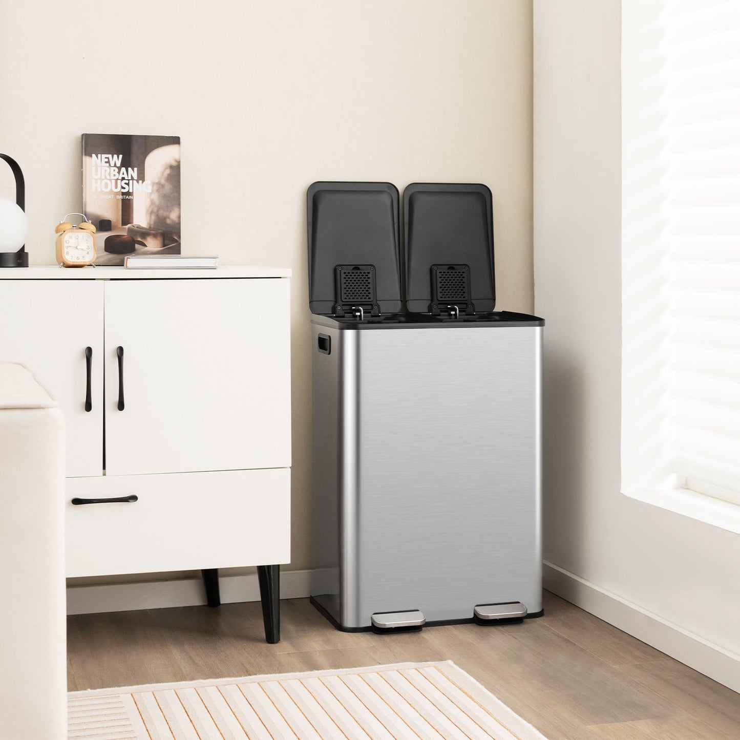 2 x 8 Gal Dual Compartment Trash Can-Black