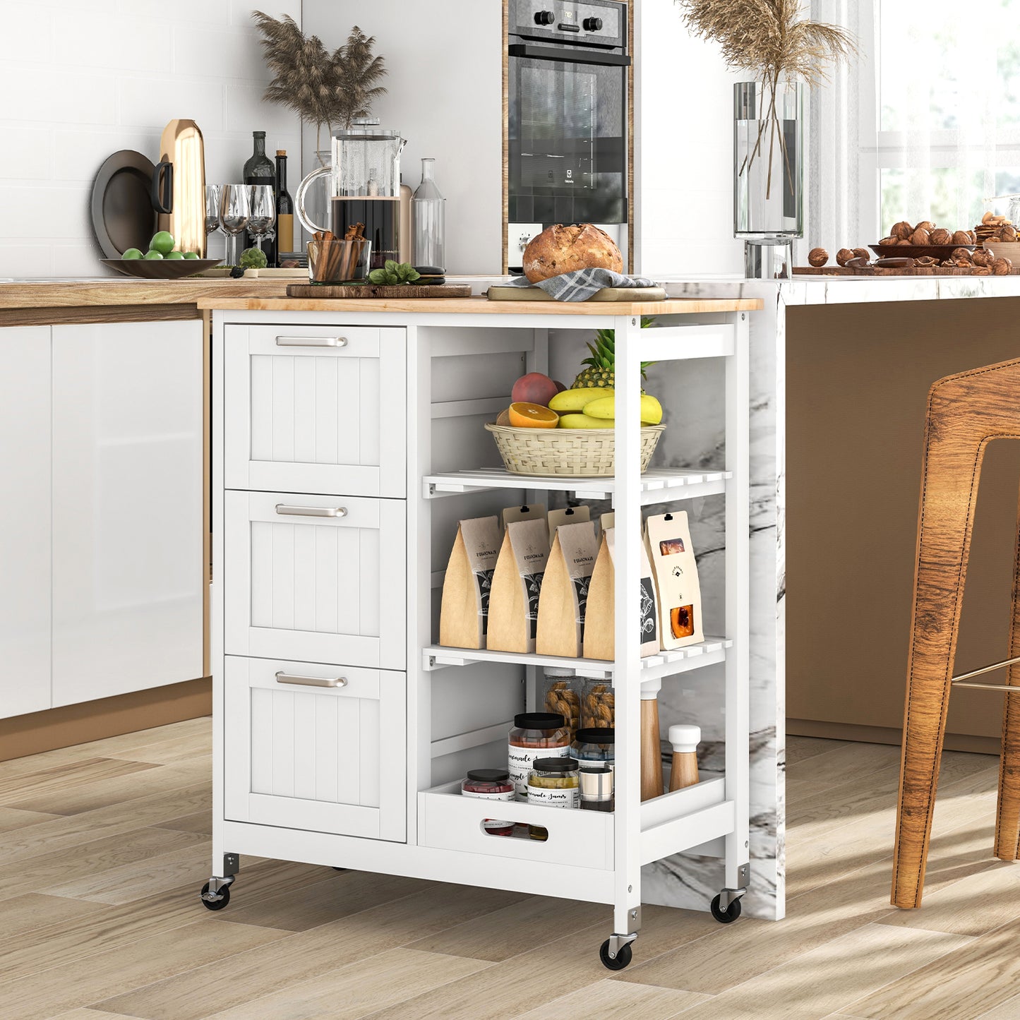 Rolling Kitchen Island Utility Storage Cart with 3 Large Drawers-Black