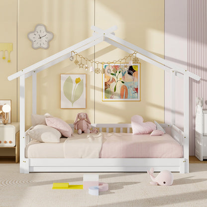 Extendable House Bed Twin to King Daybed with Roof and Fence Rails-Gray