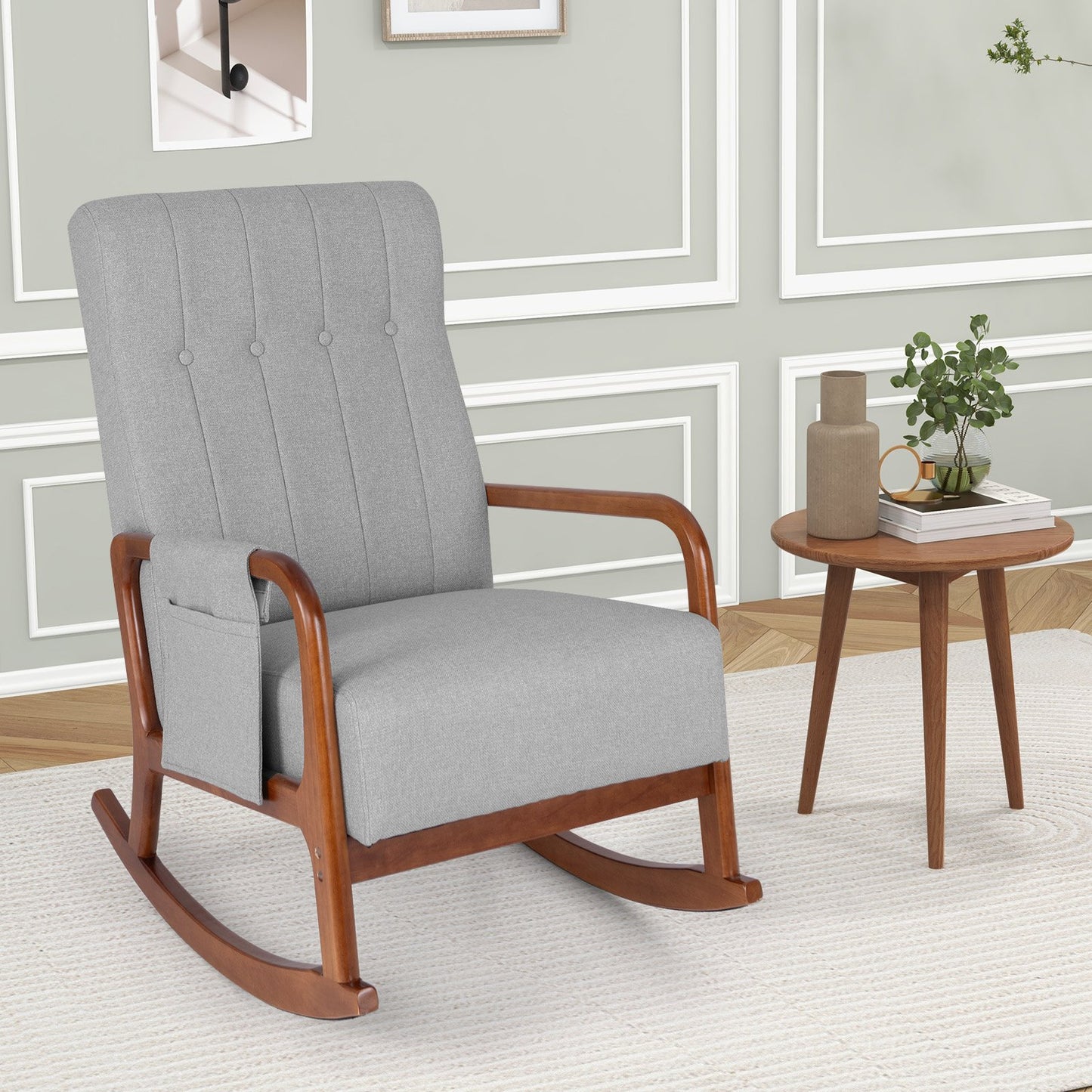 Rocking Chair with Ottoman and Solid Rubber Wood Frame and Padded Cushion-Gray