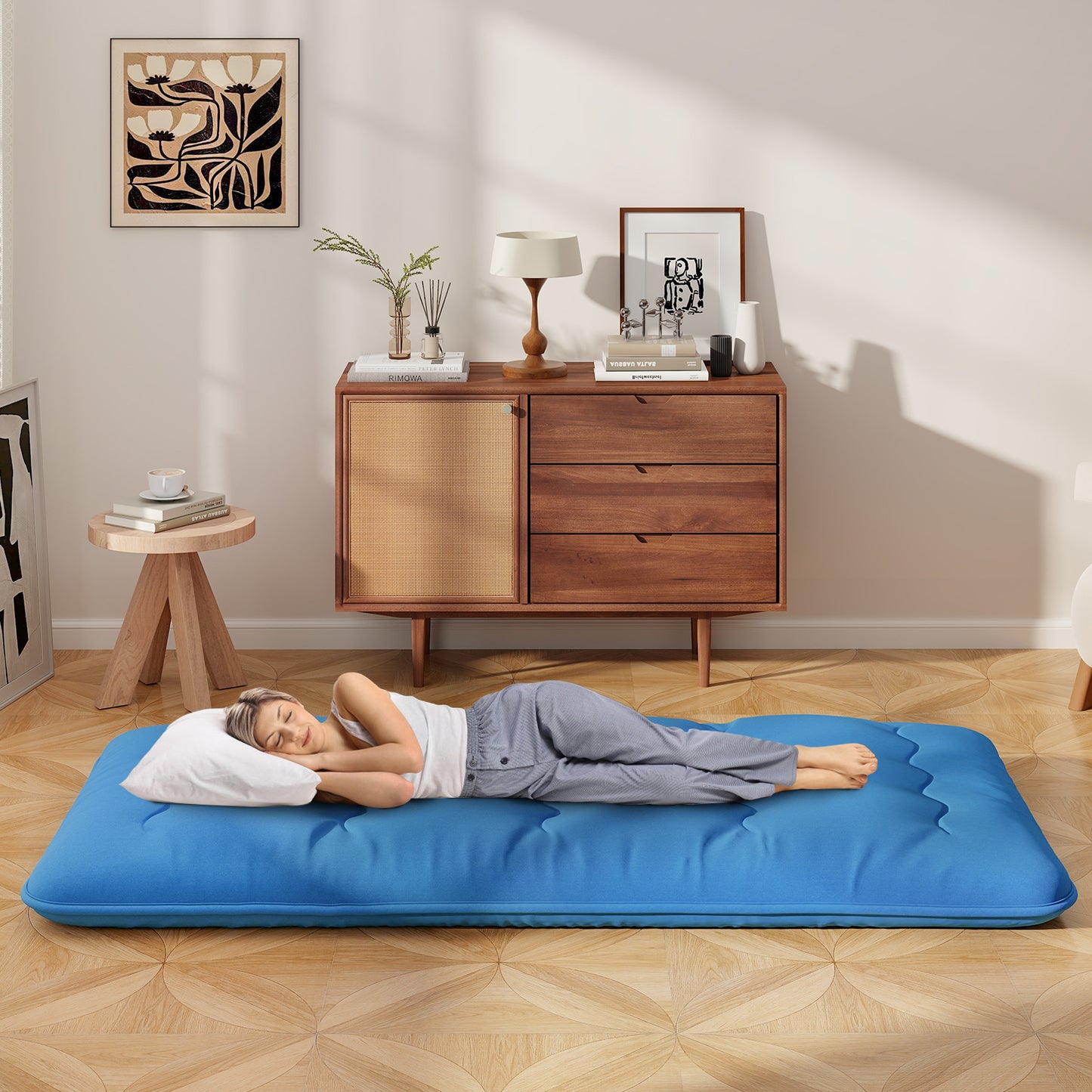 Foldable Futon Mattress with Washable Cover and Carry Bag for Camping Blue-Twin Size