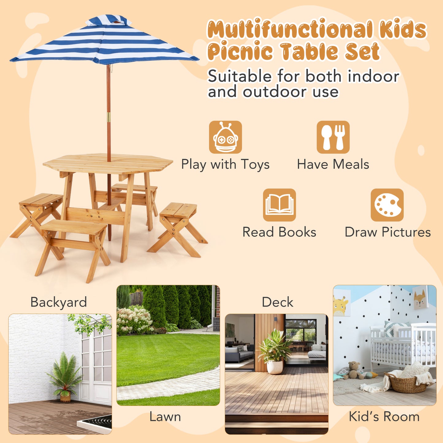Kids Wooden Table Set for Children Aged 3+ Years-Natural