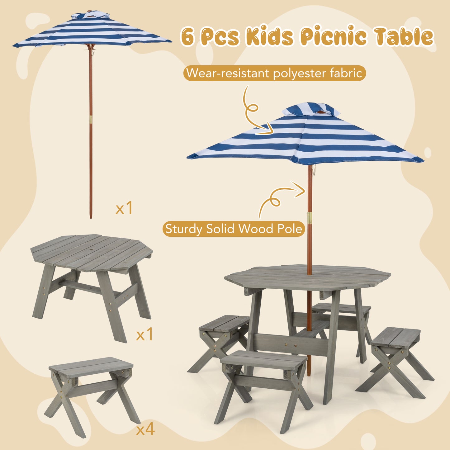 Kids Wooden Table Set for Children Aged 3+ Years-Gray