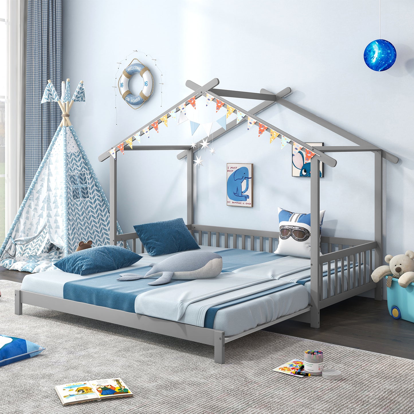 Extendable House Bed Twin to King Daybed with Roof and Fence Rails-Gray