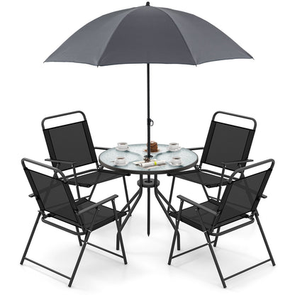 6 Pieces Patio Dining Set Folding Chairs Glass Table Tilt Umbrella for Garden-Coffee