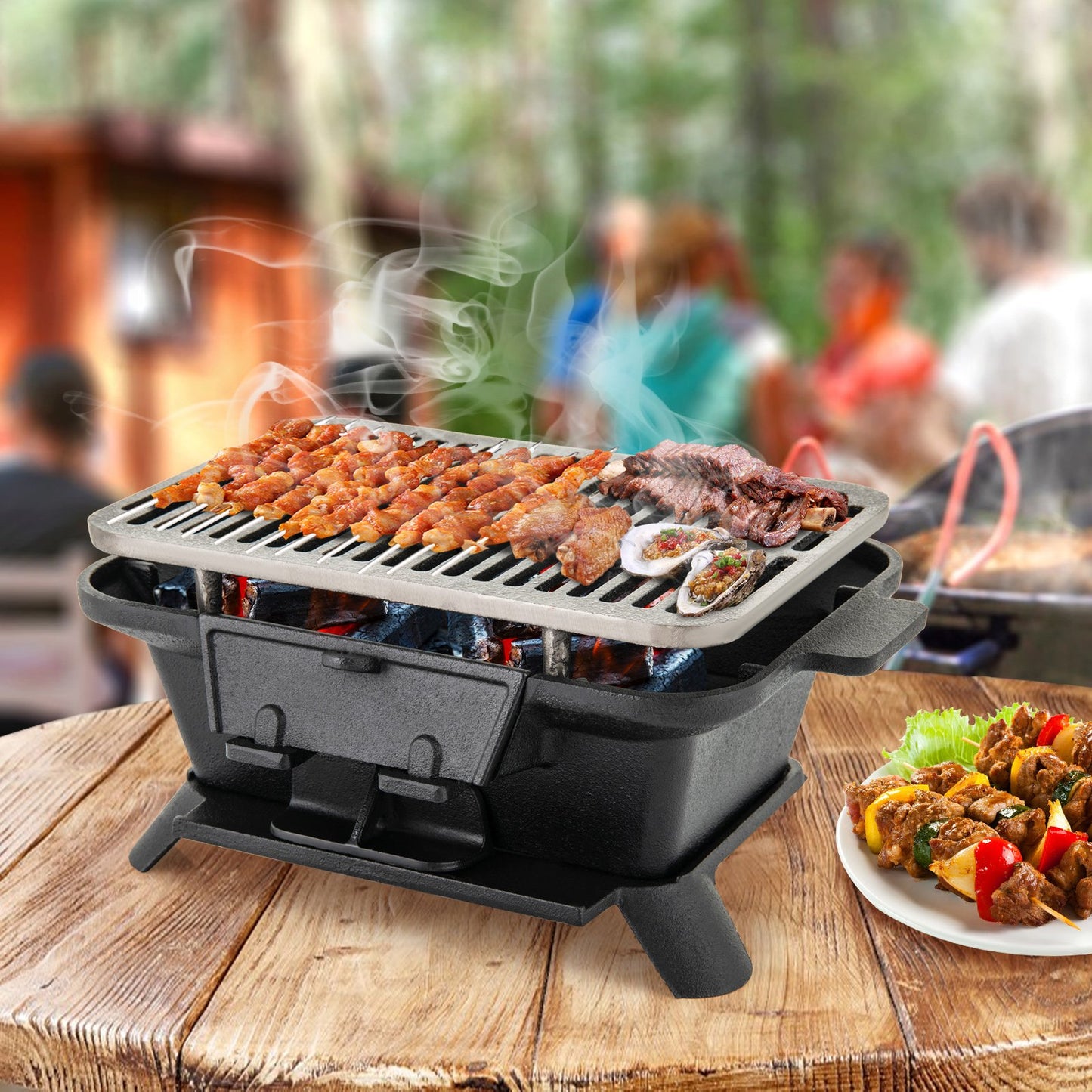 100% Cast Iron Hibachi Grill with Grill Grate Lifter