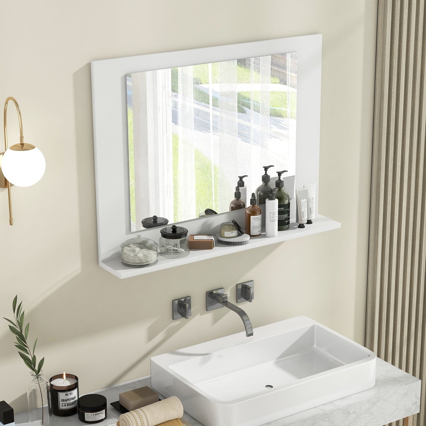 Rectangle Bathroom Mirror with Shelf 23.5 x 17.5 Inch and Wood Frame-Brown