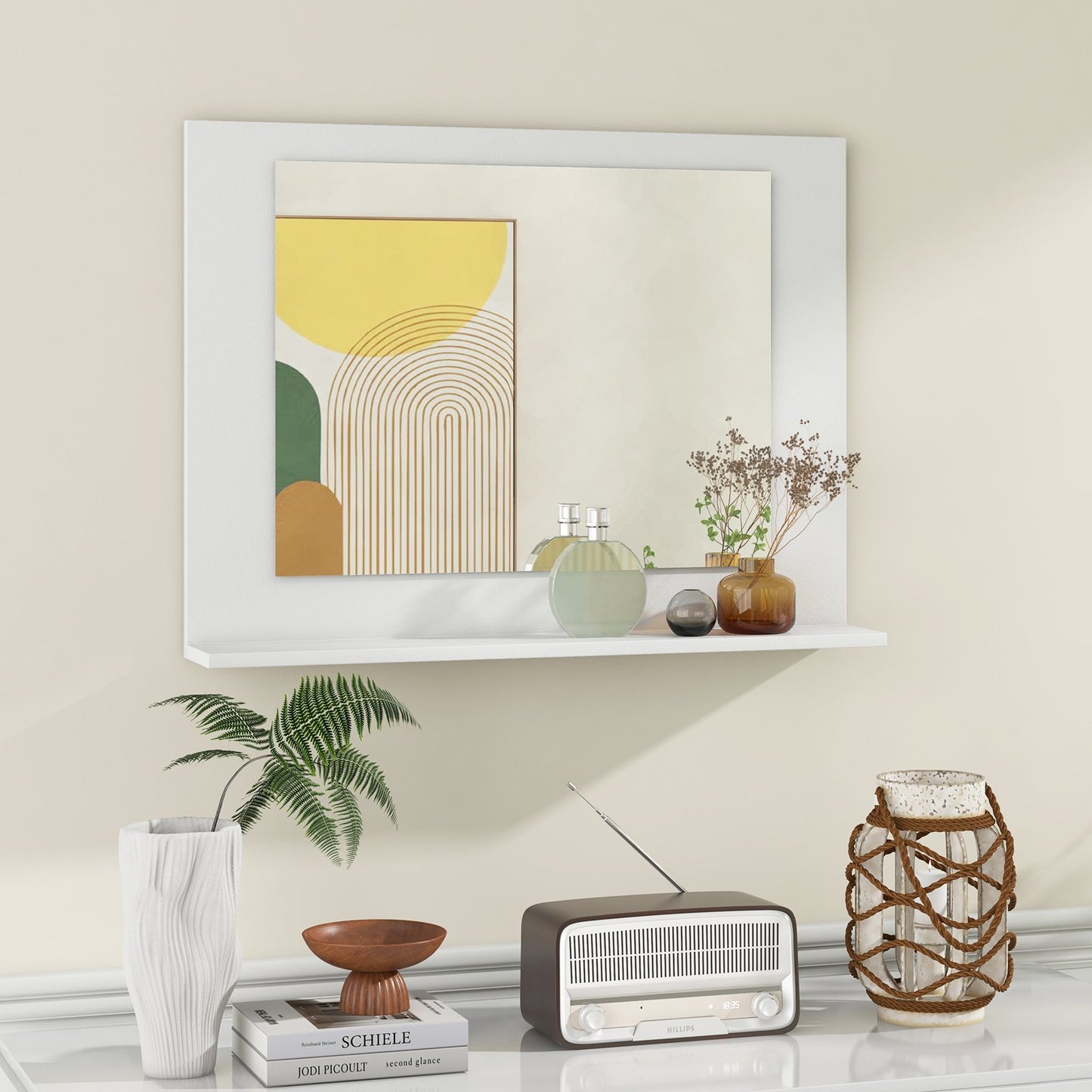 Rectangle Bathroom Mirror with Shelf 23.5 x 17.5 Inch and Wood Frame-Brown