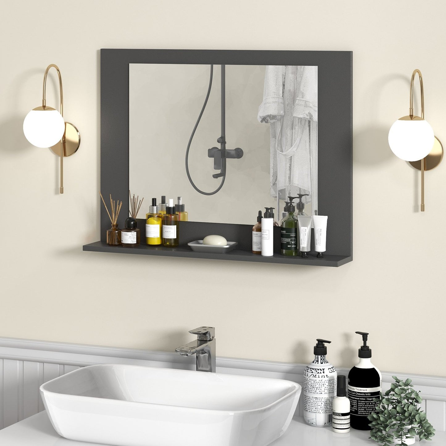 Rectangle Bathroom Mirror with Shelf 23.5 x 17.5 Inch and Wood Frame-Brown