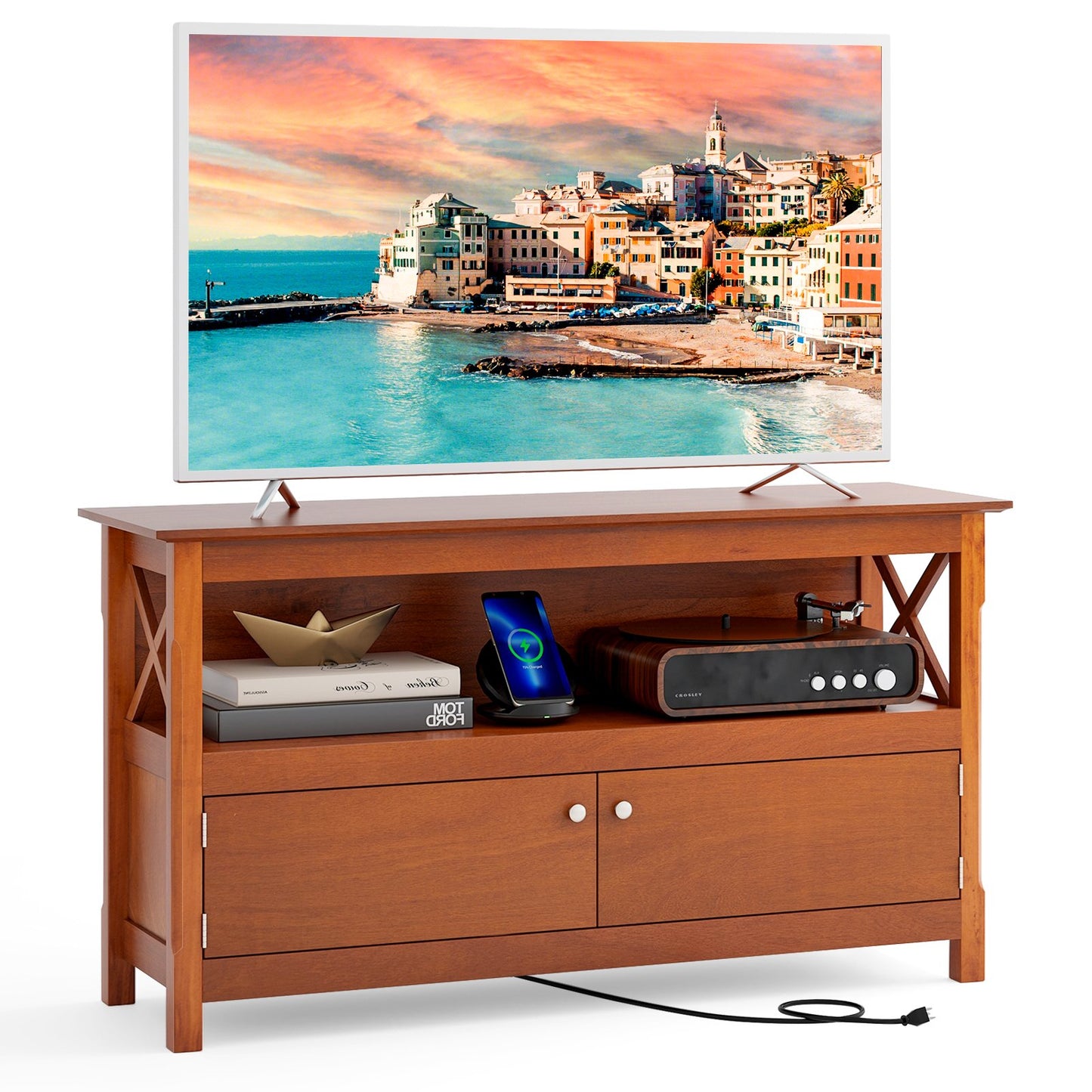 TV Stand Entertainment Center with Charging Station for TVs up to 50 Inch-Black