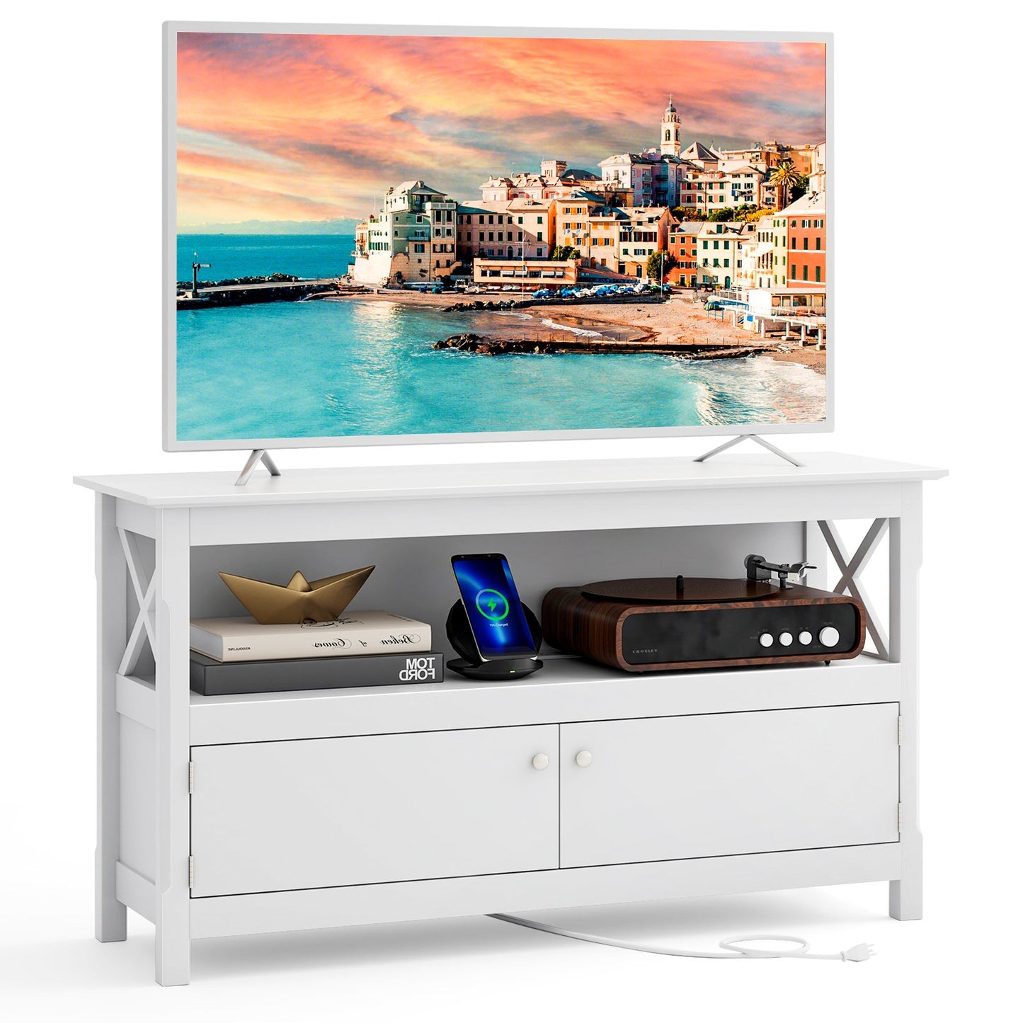 TV Stand Entertainment Center with Charging Station for TVs up to 50 Inch-Black