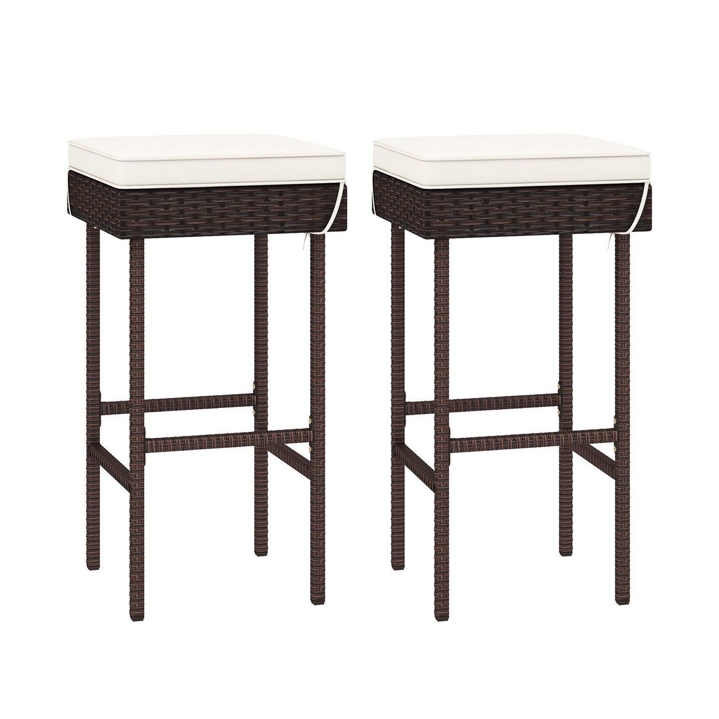 Set of two outdoor rattan patio barstools with footrests and soft cushions, ideal for backyard or balcony seating.