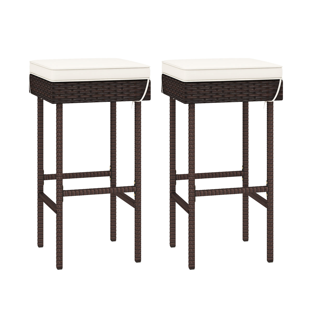 Set of two outdoor rattan patio barstools with footrests and soft cushions, ideal for backyard or balcony seating.
