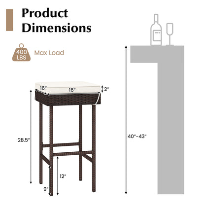 Set of two outdoor rattan barstools with footrests and soft cushions, ideal for backyard or balcony patio bar furniture.