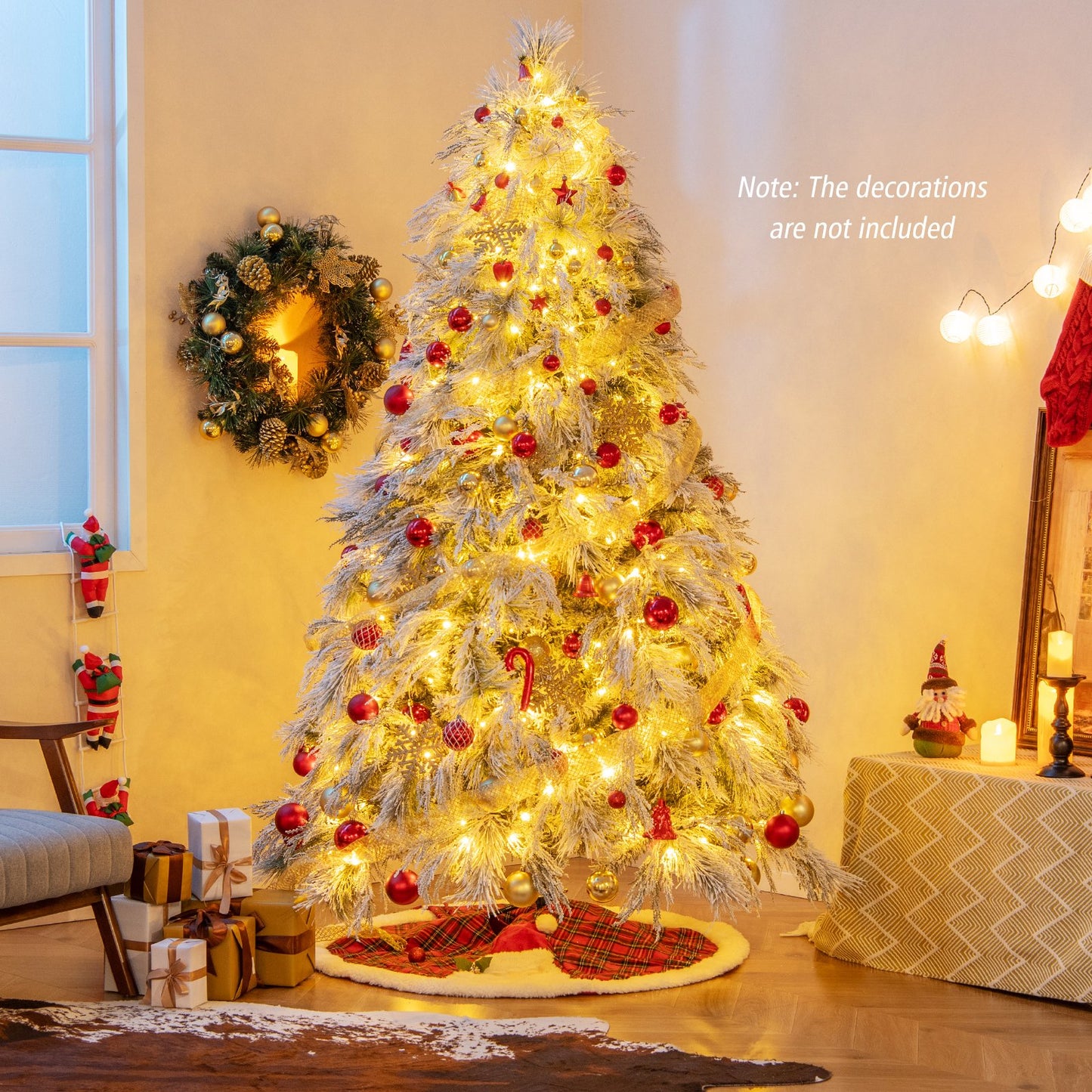 4.5/6/7 Feet Pre-Lit Snow Flocked Christmas Tree with Warm White LED Lights-4.5 ft