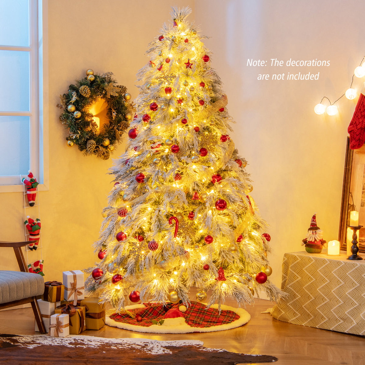 7-foot pre-lit snow flocked Christmas tree with warm white LED lights and full branch tips for holiday decor.