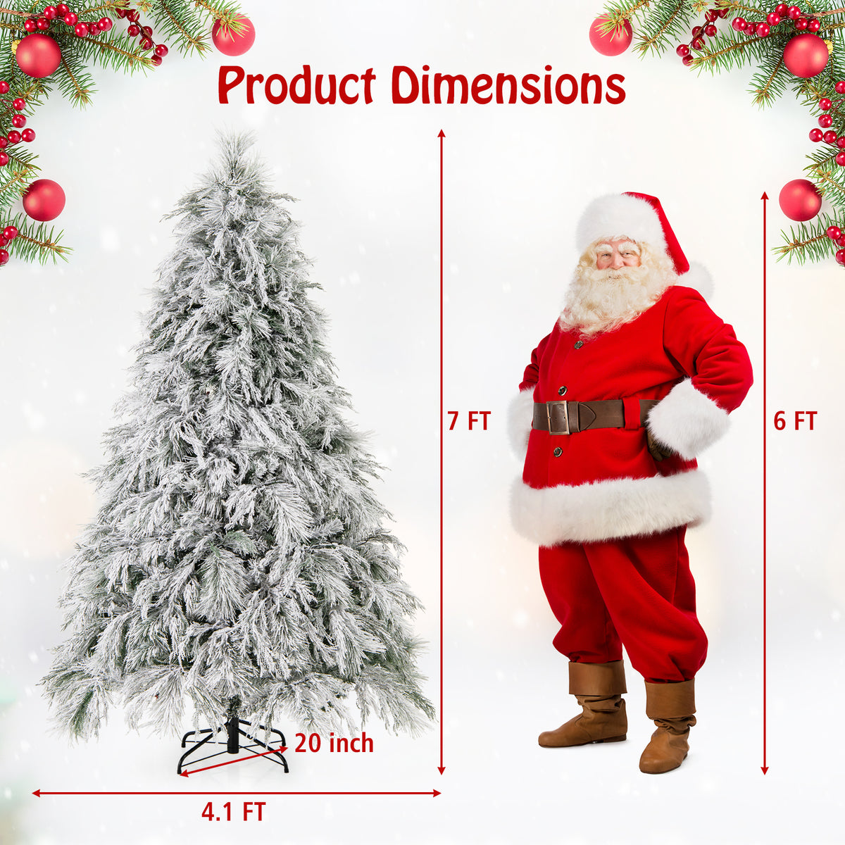 7-foot pre-lit snow flocked Christmas tree with warm white LED lights and full branch tips, perfect for holiday decor.