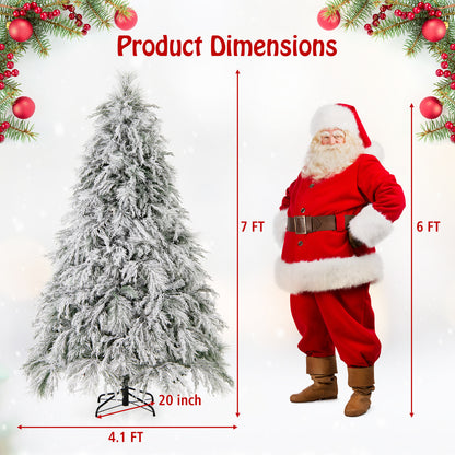 7-foot pre-lit snow flocked Christmas tree with warm white LED lights and full branch tips, perfect for holiday decor.
