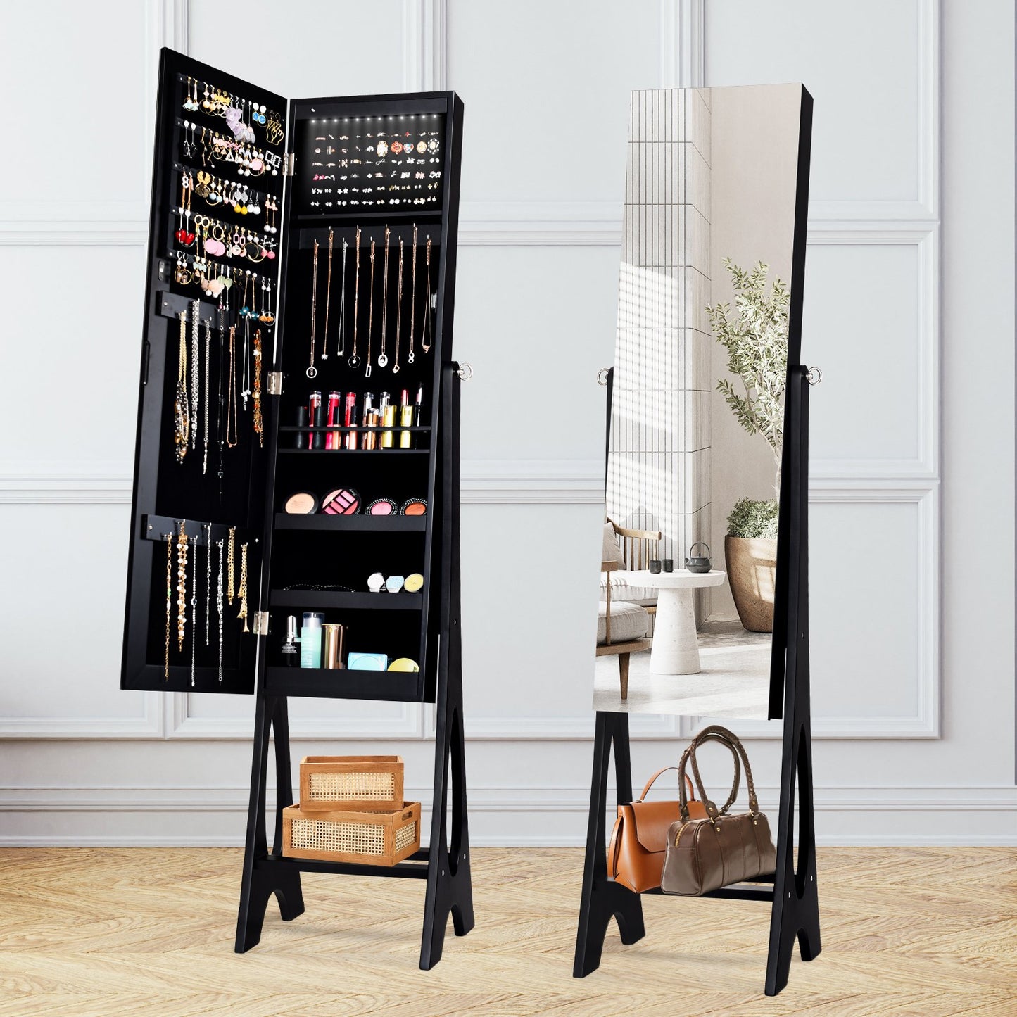 Standing Mirror Jewelry Cabinet-Black