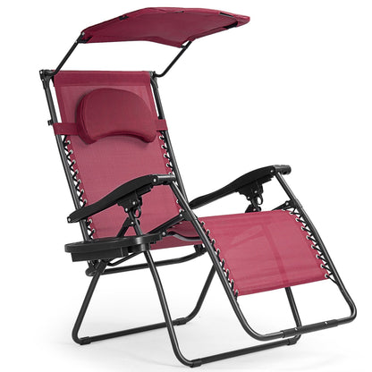 Folding Recliner Lounge Chair w/ Shade Canopy Cup Holder-Black