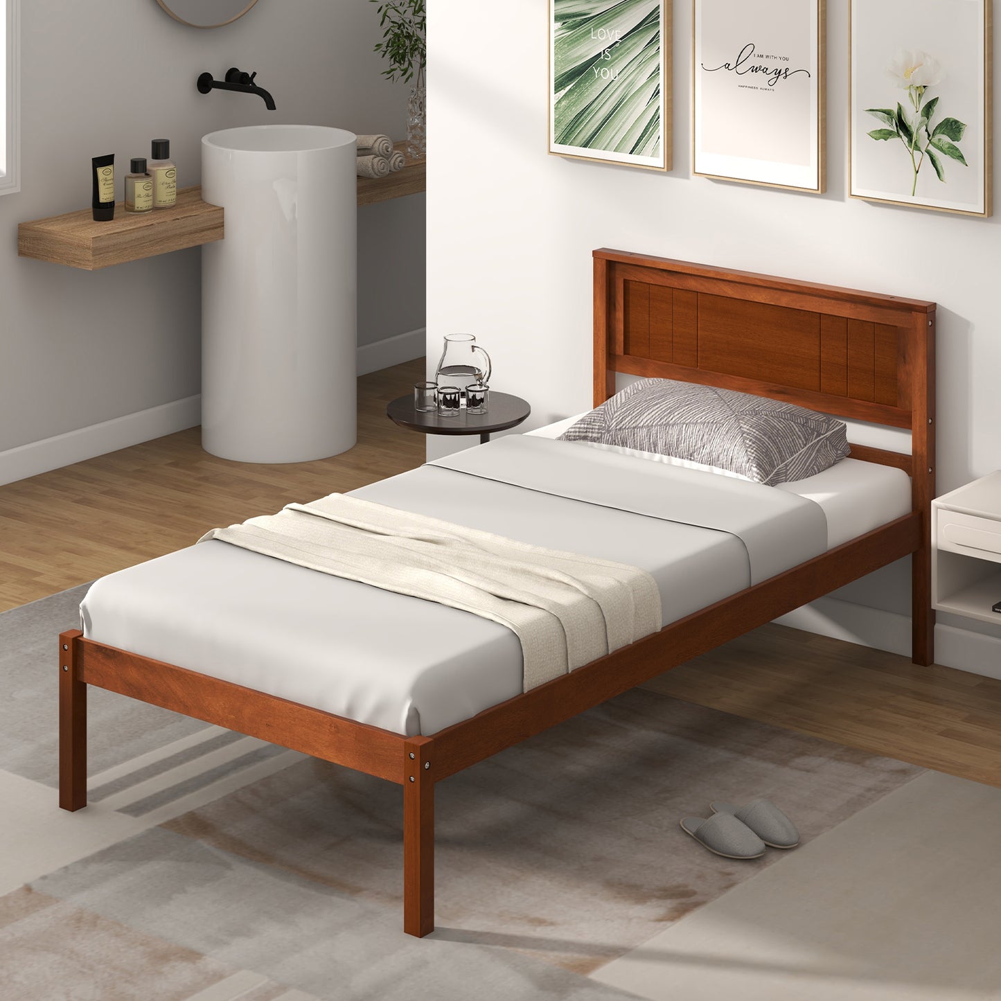 Twin/Full/Queen Size Bed Frame with Wooden Headboard and Slat Support-Full Size