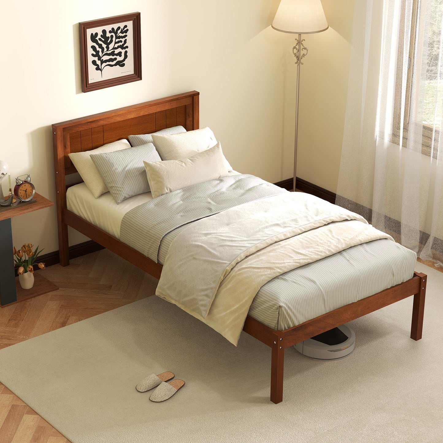 Twin/Full/Queen Size Bed Frame with Wooden Headboard and Slat Support-Full Size