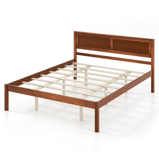 Queen size wooden bed frame with headboard and slat support, walnut finish, from Wilsons Home Store.