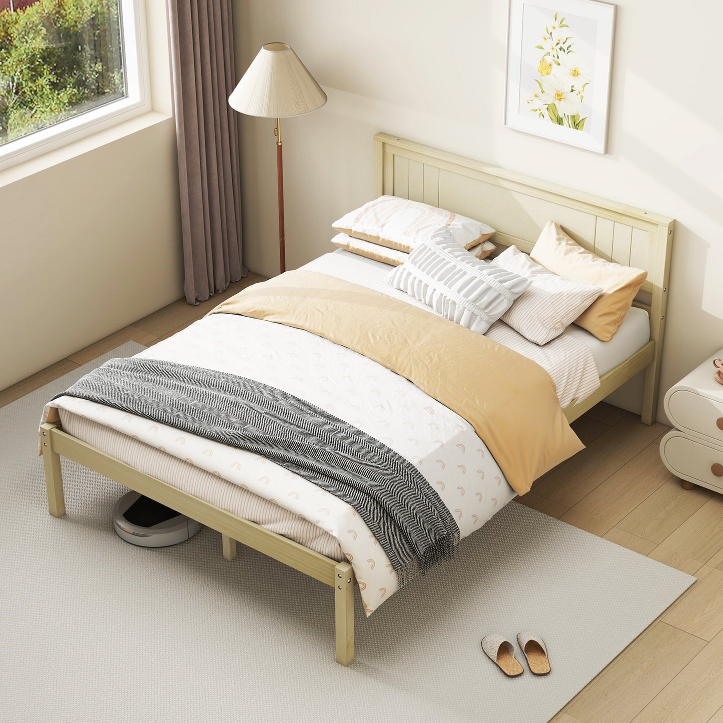 Twin/Full/Queen Size Wooden Bed Frame with Headboard and Slat Support-Twin Size