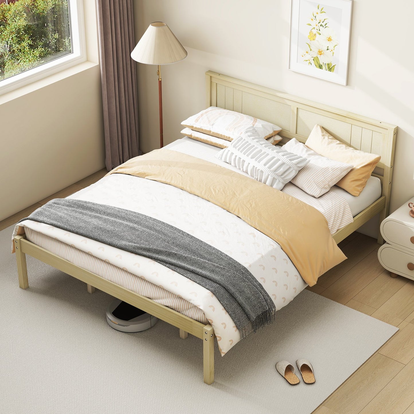 Twin/Full/Queen Size Wooden Bed Frame with Headboard and Slat Support-Twin Size