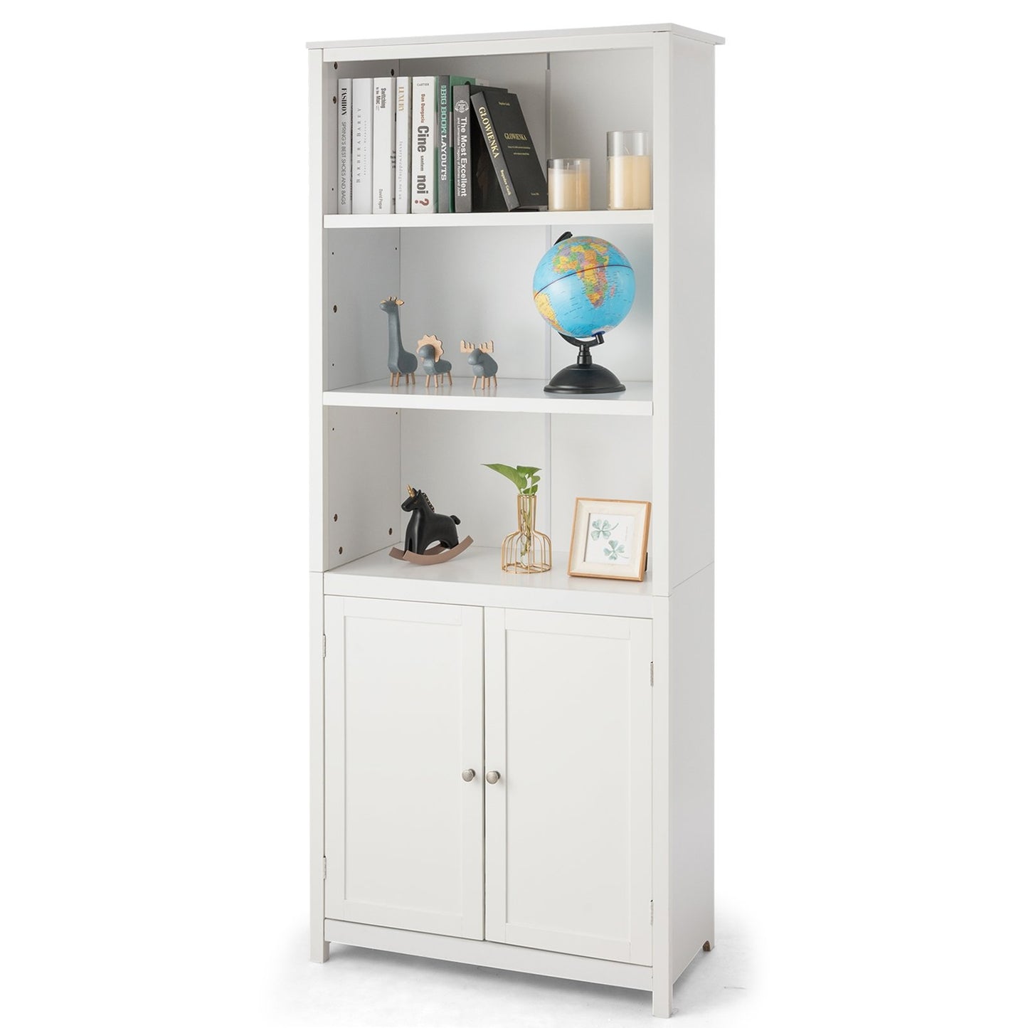 Bookcase Shelving Storage Wooden Cabinet Unit Standing Display Bookcase with Doors-Gray