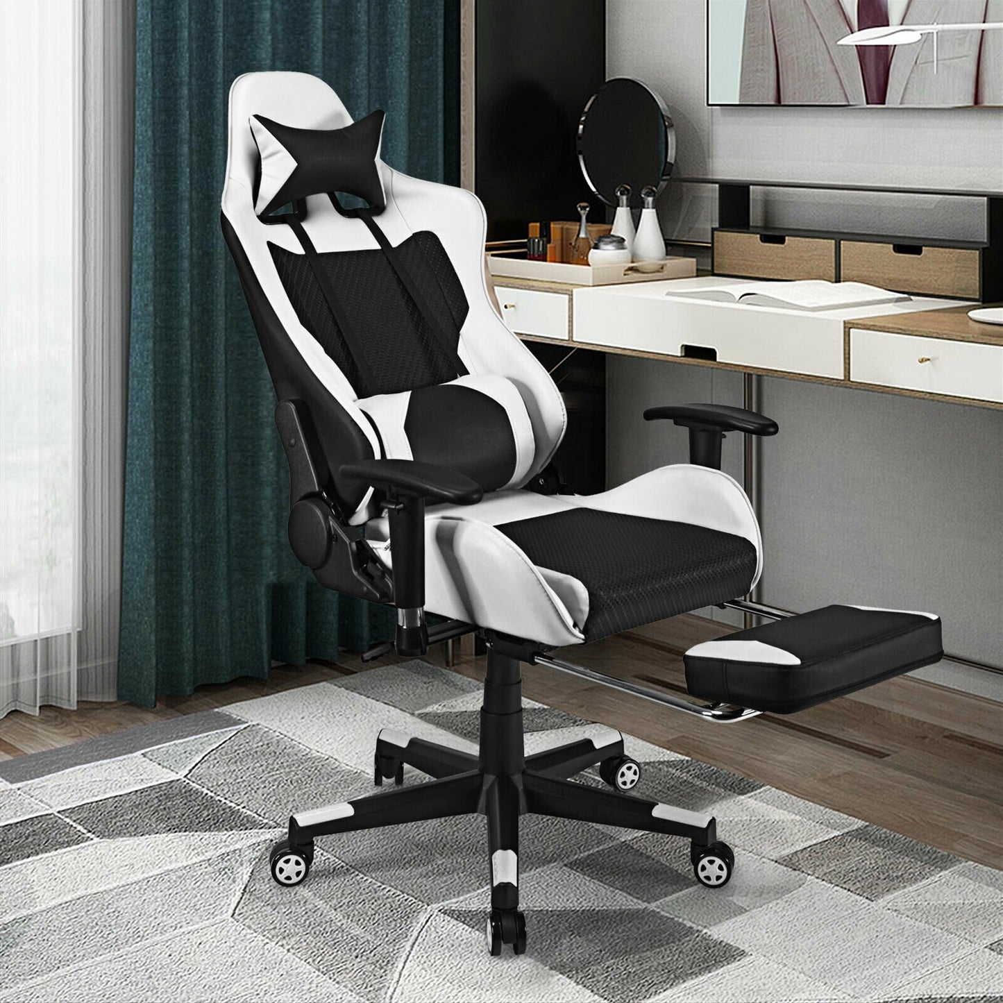 PU Leather Gaming Chair with USB Massage Lumbar Pillow and Footrest-Blue