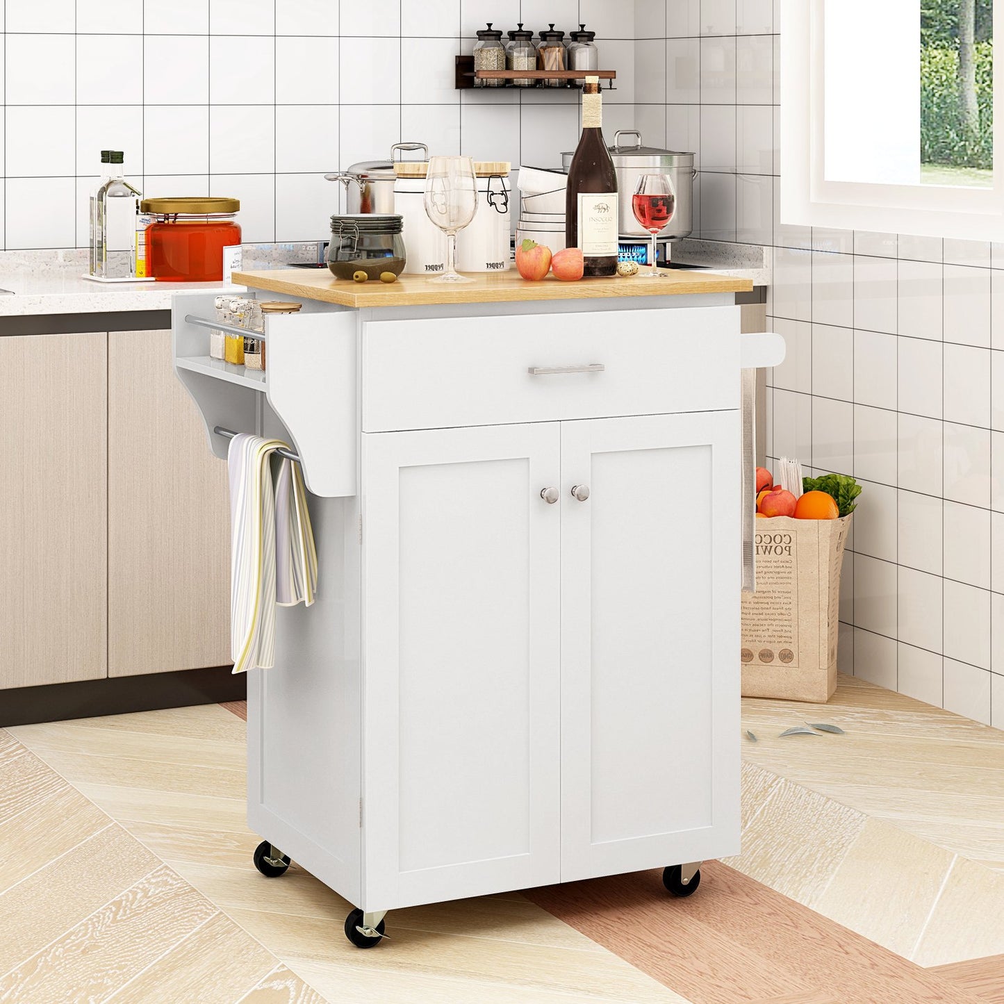 Utility Rolling Storage Cabinet Kitchen Island Cart with Spice Rack-Brown