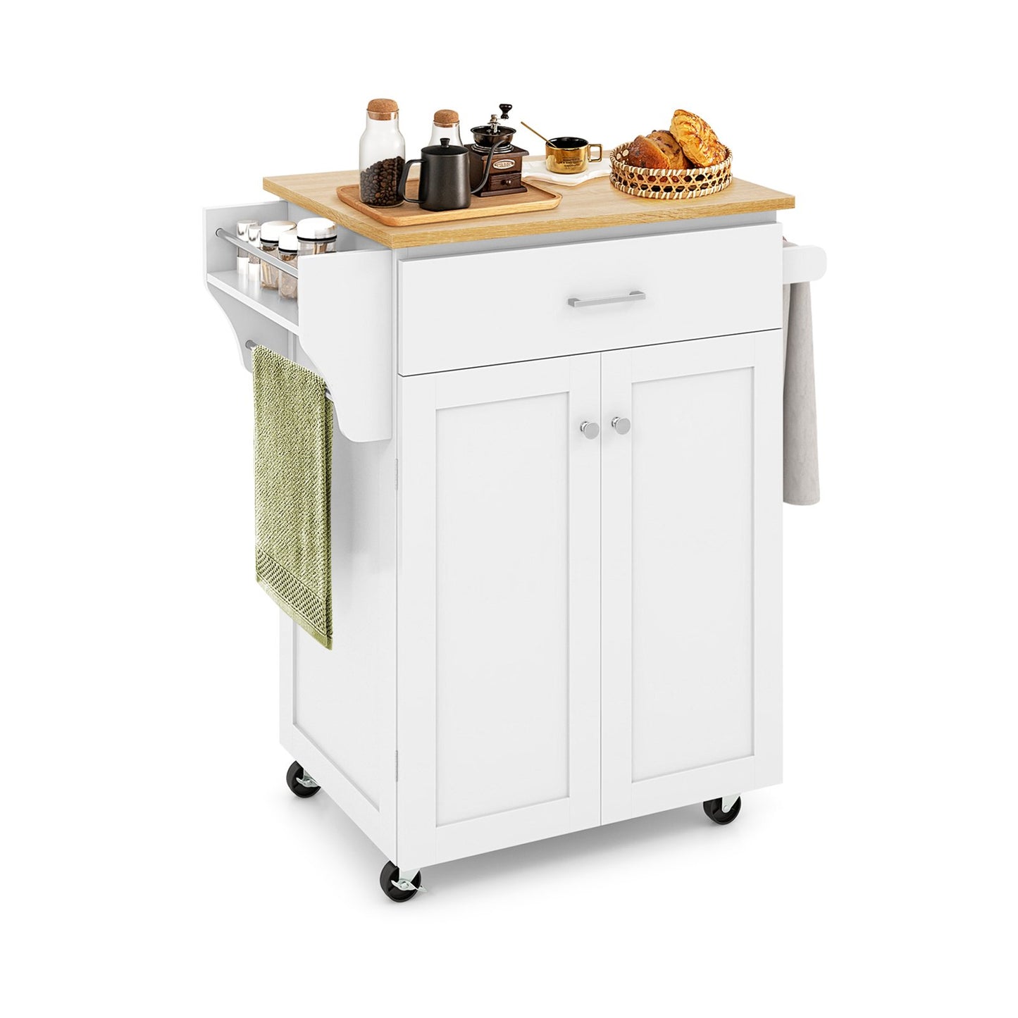 Utility Rolling Storage Cabinet Kitchen Island Cart with Spice Rack-Brown