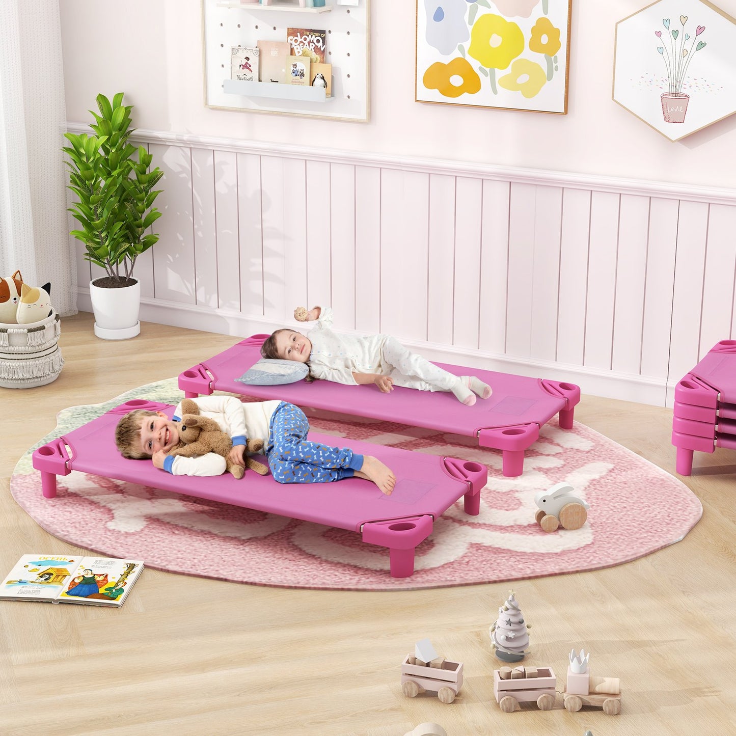 Kids Stackable Daycare Cot Pack of 6 with Detachable Oxford Cloth-Beige