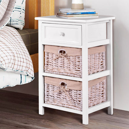 3 Tiers Wooden Storage Nightstand with 2 Baskets and 1 Drawer-black
